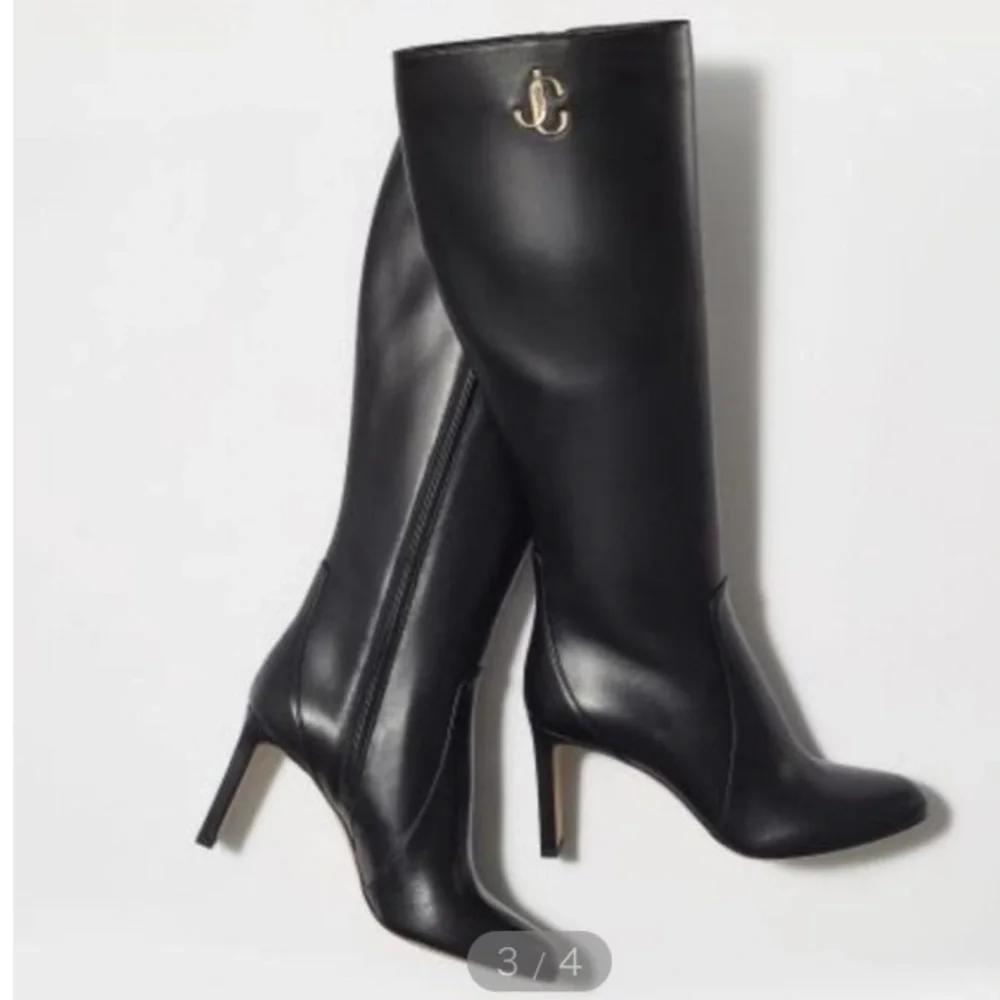 Jimmy choo black leather logo Knee high boots